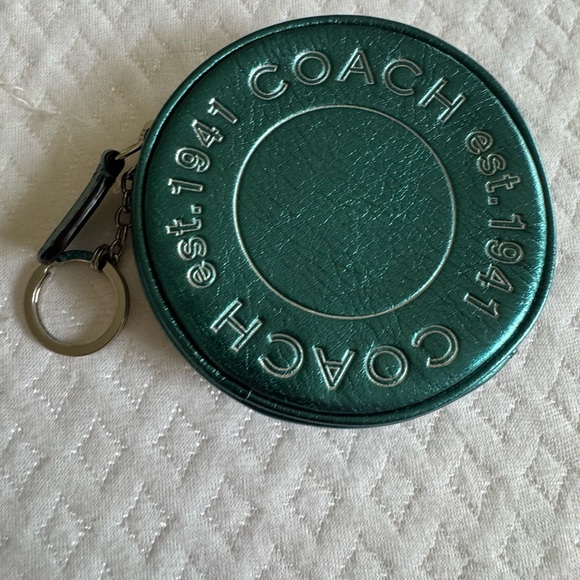 Coach Round Leather Keyring Pouch in Teal Green with Silver Hardware - Picture 2 of 2